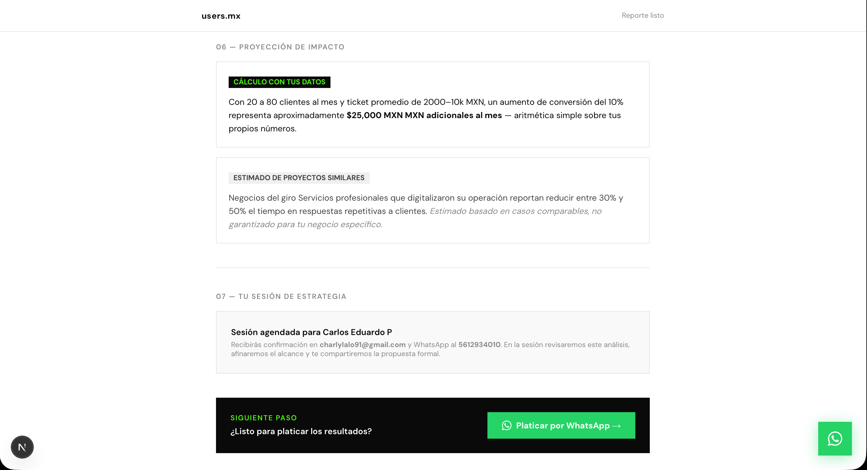 Reporte del Motor de Análisis con diagnóstico y estimado de inversión